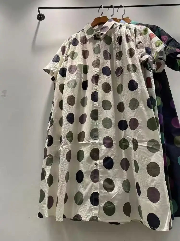 Fall clothes 2025 women Japan style pure cotton short sleeve polka dot print dress for women summer Hawaii long shirt dress