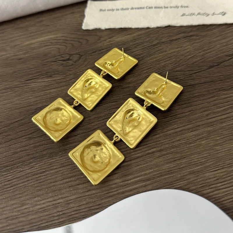 French Retro Embossed Nose And Ear Square Patchwork Earrings Unique Fashionable Earrings Women Trendy Jewelry Accessories