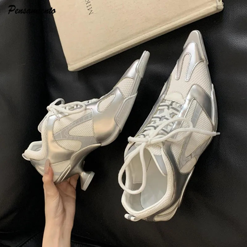 Sport Style Fashion Mixed-color Pointed toe Women Pumps Spring Autumn Breathable Mesh Strange High heels Casual Sneakers Shoes