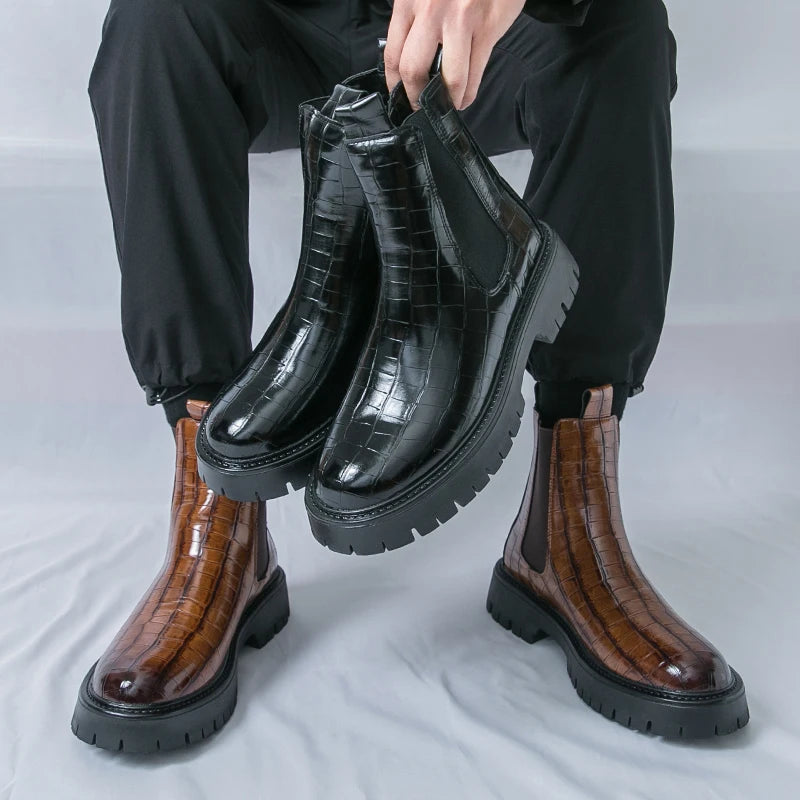 2025 Fashion Brand Men's Comfortable Fit Thick Soled Chimney Boots Autumn New High Top Chelsea Boots Plus Large Workwear Boots