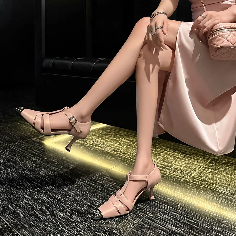 Elegant Genuine Leather Sandals Women T-Strap Metal Covered Toe Office Ladies Sandals Female Covered Back Sandals