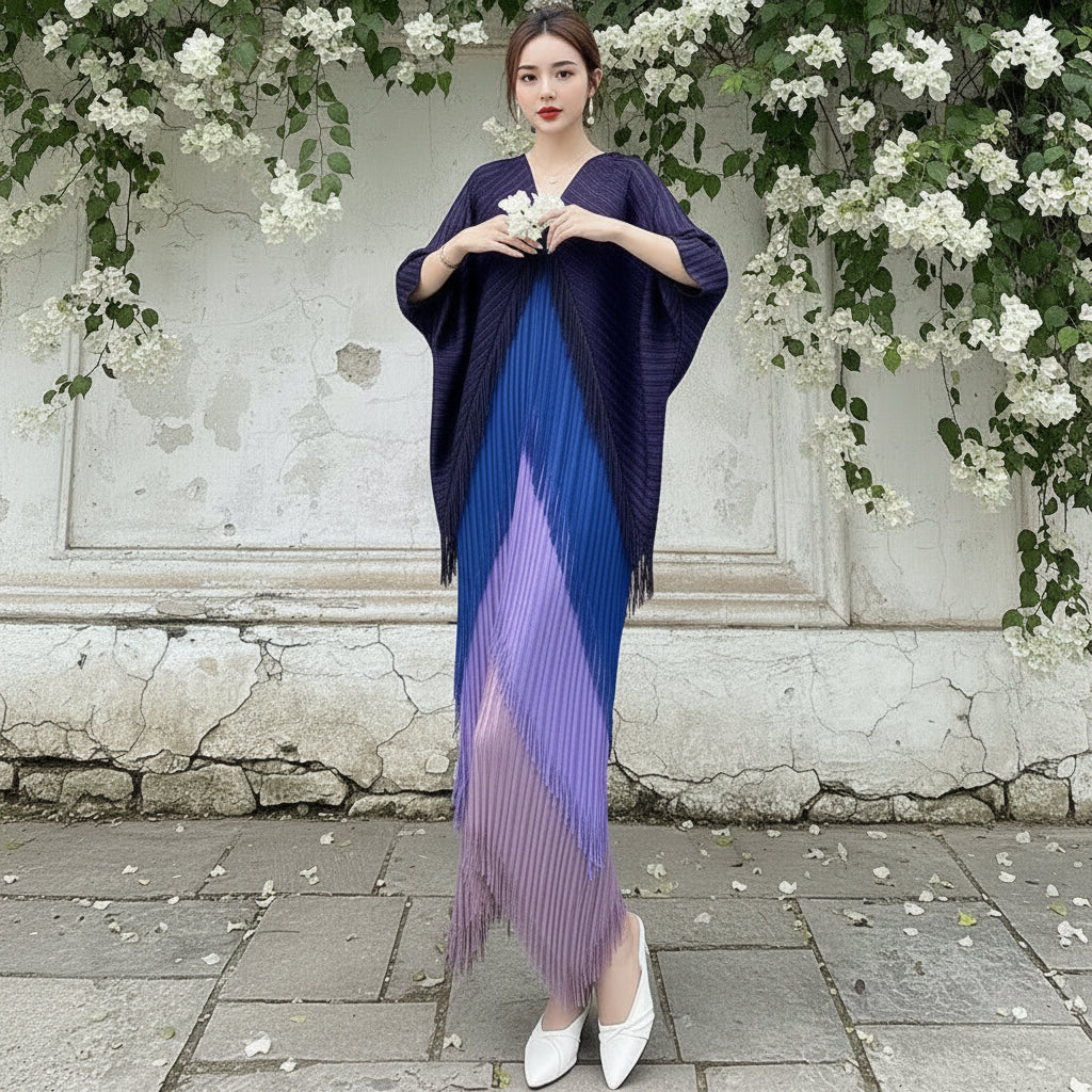 Fringe Pleated Dress Women's V-neck Bat Sleeve Splice Fashion Dress Women's 2026 Spring/Summer New