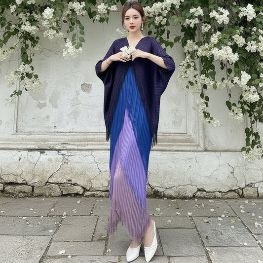 Fringe Pleated Dress Women's V-neck Bat Sleeve Splice Fashion Dress Women's 2026 Spring/Summer New