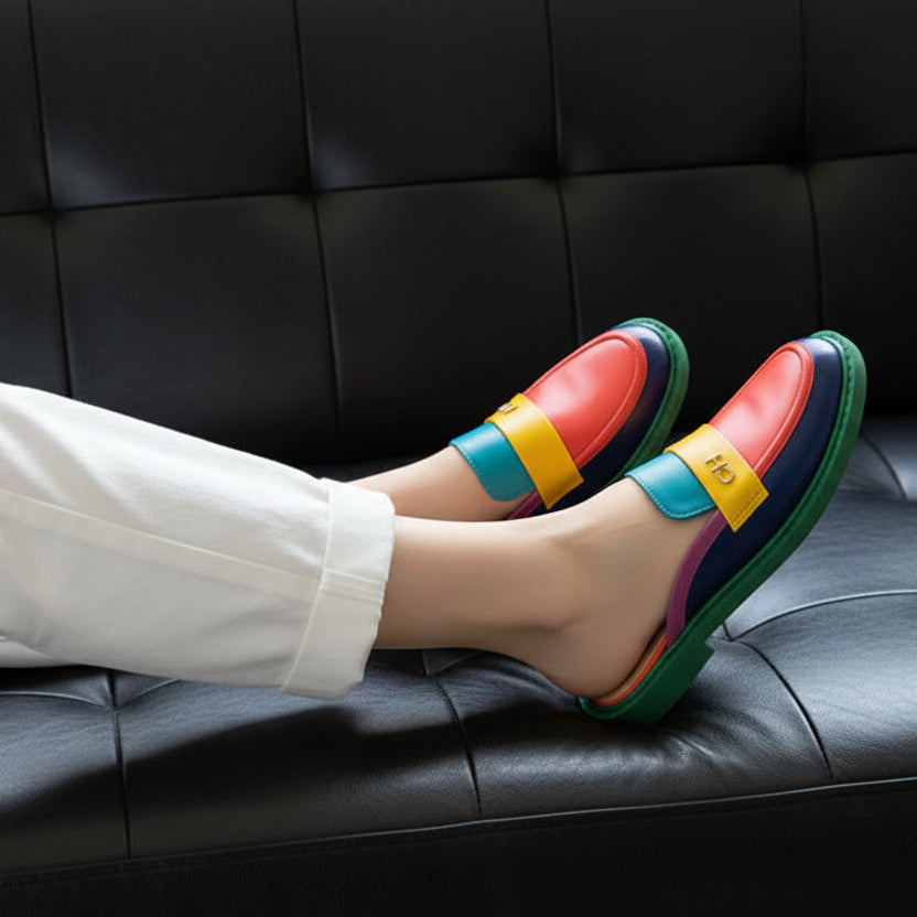 Spring Summer 2026 New Genuine Leather Slippers Women Mixed Color Covered Toe Fashion Mules Ladies Low Heels Slippers