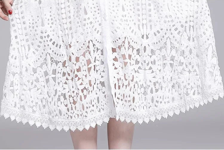 Summer Women Lace Sweet Sexy Dress Hollow Out Half High Collar Short Sleeve Single-breasted High Waist Slim Vintage Midi Dresses