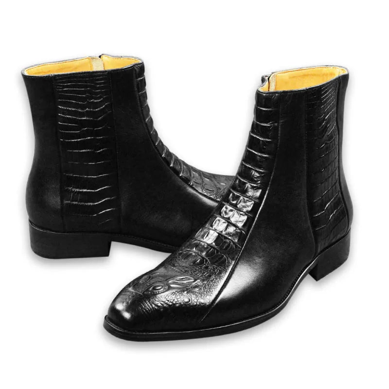 Genuine Leather Mens Boots Autumn Winter Vintage English Style Pointed Toe Work Boots Exquisite Crocodile Engraved Zipper Shoes