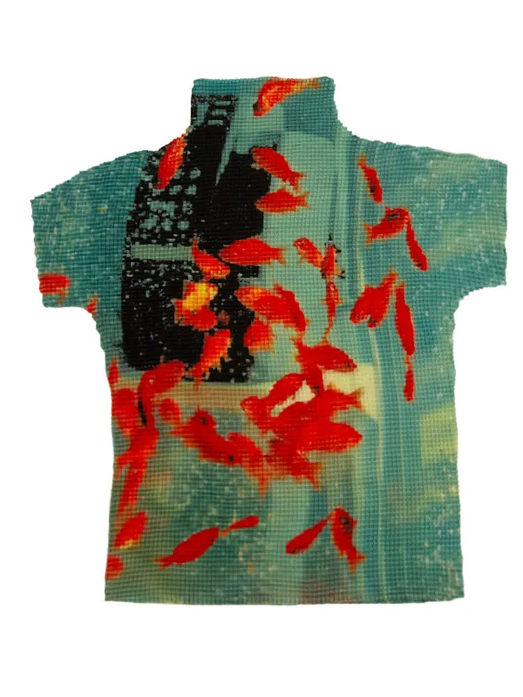 Kimotimo Harajuku Folds Goldfish Print T-shirt Women Summer Y2k Aesthetic Turtleneck Slim Crop Top Short Sleeve Ropa De Mujer
