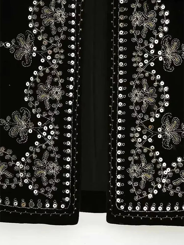 Women Fashion With Sequin Floral Embroidery Crop Waistcoat Vintage O Neck Sleeveless Female Outerwear Chic Vest Tops