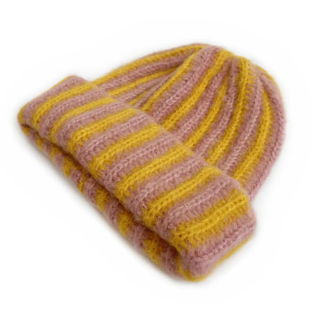 New Striped Knitted Beanie Cap Windproof Flanged Design Knitted Hat Pullover Outdoor Cycling Cold Proof Warm Hat Autumn Winter
