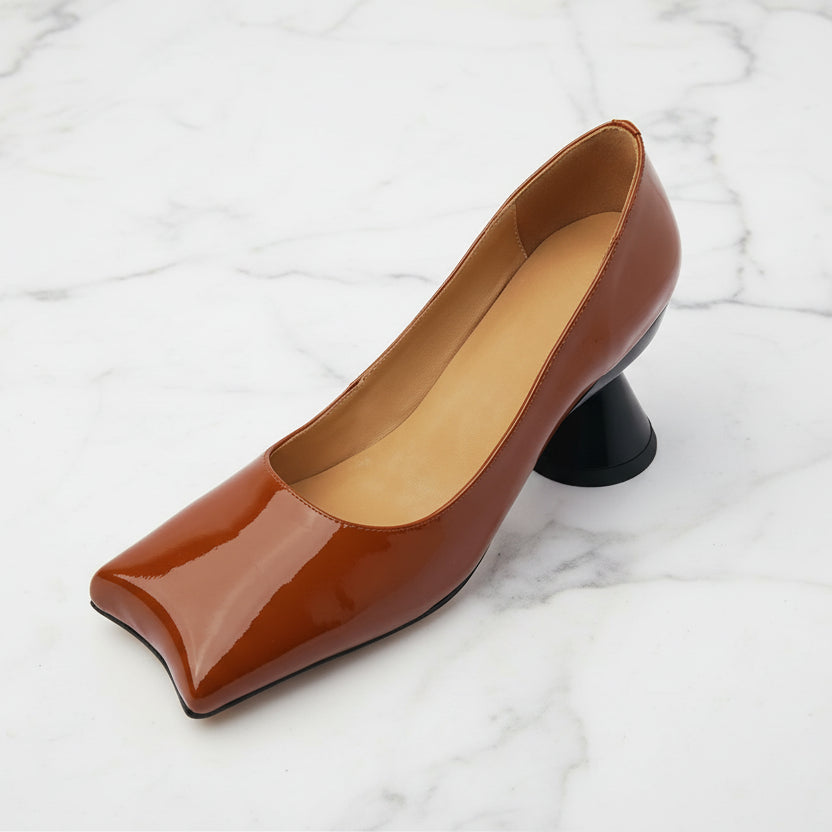 Stylish Patent Sheepskin Leather Pumps Women Shallow Med Strange Heels Party Dating Shoes Female Dress Pumps