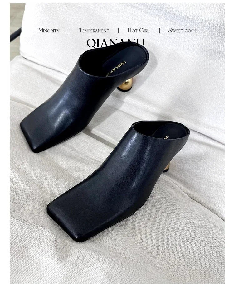 Retro Square Headed Wine Glasses and Slippers for Women in Summer 2025, New Style for Wearing Half Drag High Heels for Women