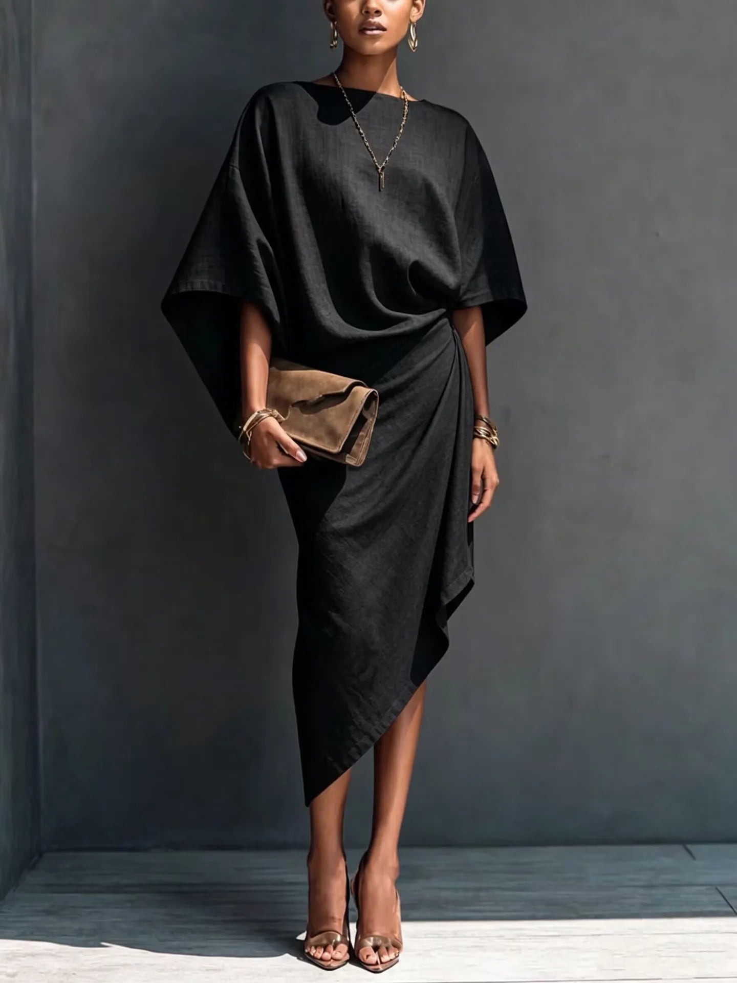 Elegant Women Linen Dress Batwing Sleeve Draped Wrap Design Asymmetrical Midi Dress Loose Fit Summer Office Evening Party Outfit