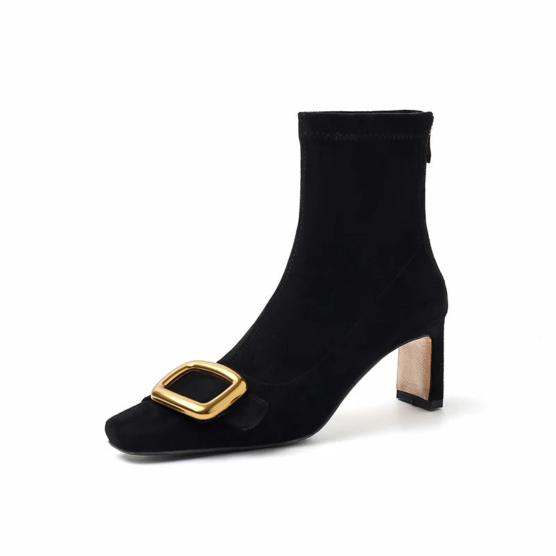 Ods Personalized Low-heeled Fashion Boots for Fall/winter New Pointed Metal Square Buckle Back Zipper Stretch Thin Ankle Boots42