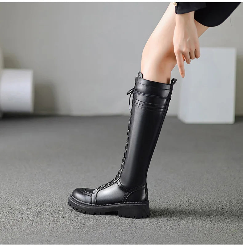 Ods Genuine Leather Women's High Knee Boots Winter Shoes Sexy Lace Up Black White Low Heels Party Shoes Girls Large Size 414243