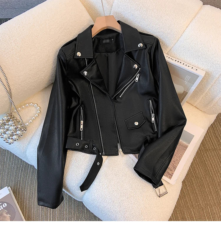 Blue PU leather jacket for women's spring autumn short Street style 2025 new retro motorcycle Leather Coat top