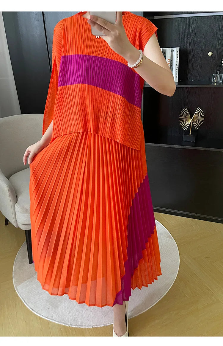 Miyake Pleated Two Piece Skirt Sets Women Sleeveless Irregular T-shirt Long Contrasting Color Skirt