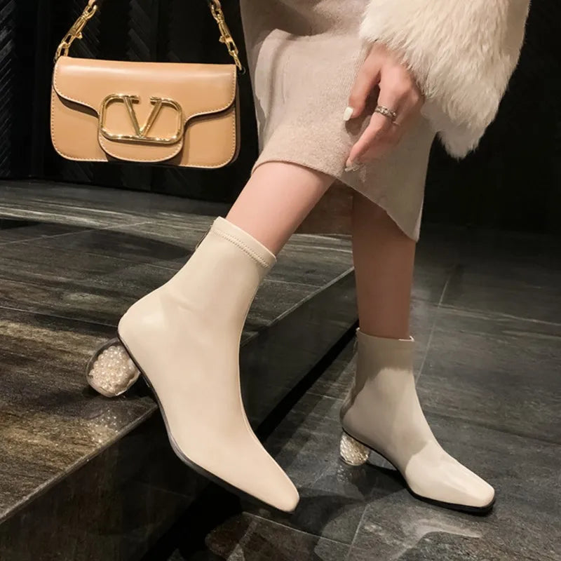 Stretchable Short Boots Women Square Toe Pearl Heels Young Ladies Fashion Ankle Boots Female Party Dating Shoes