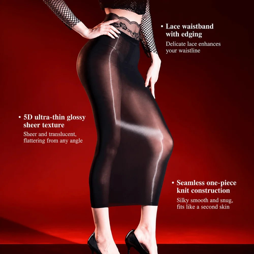 5D Ultrathin Hip Pencil Skirts Elastic Lift Butt Oil Glossy Shiny Bodycon Dresses Sheer High Lace Waist Sheer Wrap Skirts Women
