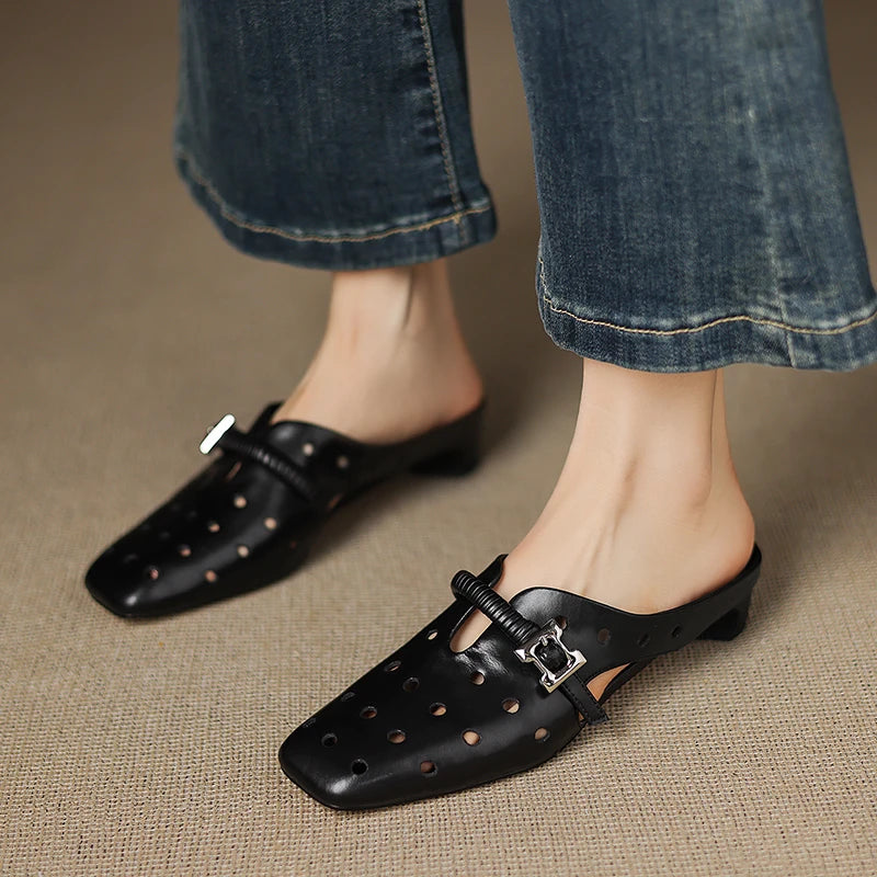 Genuine Leather Hollow Slippers Women Covered Toe Thick Heels Dating Buckle Mules Ladies Summer Leisure Slippers