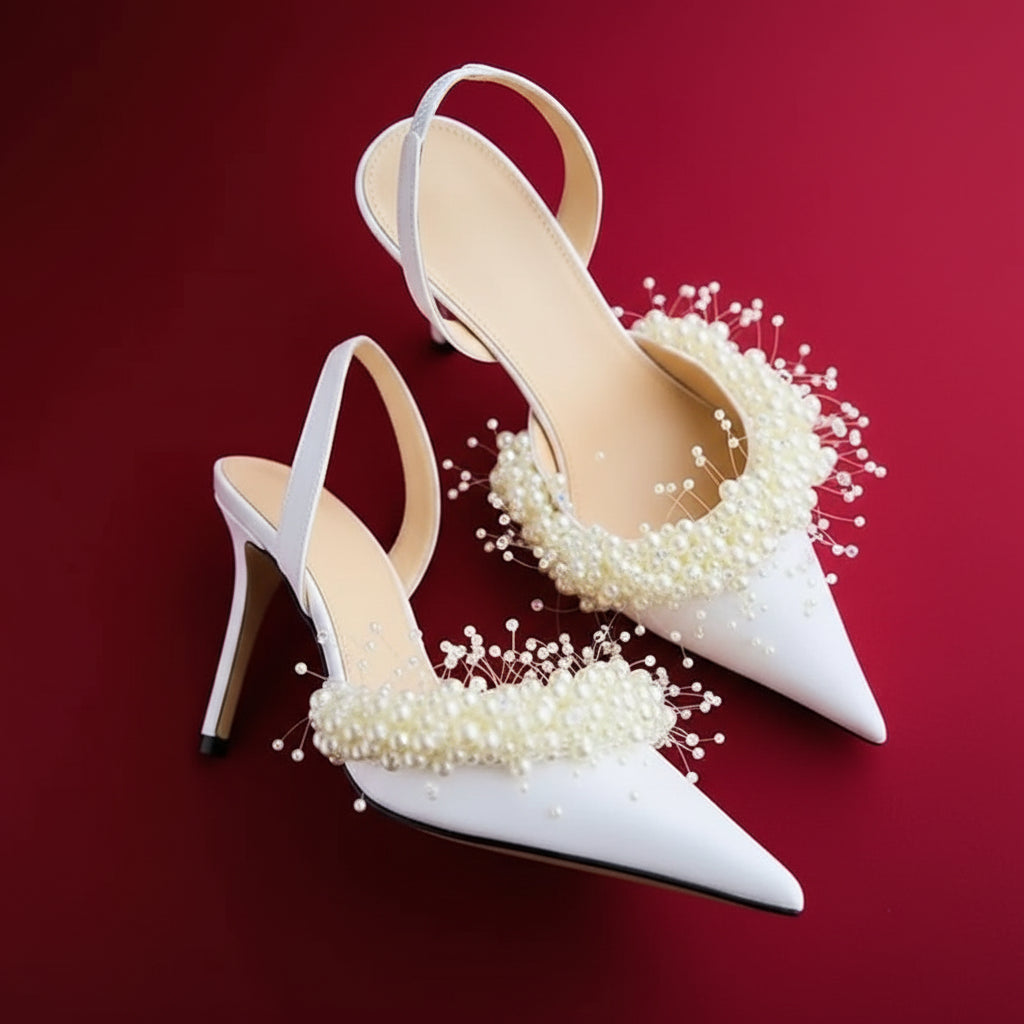 White Pearl Embellished Slingback Pumps Pointy Toe Satin Stiletto Heels Women's Pumps Bridal Wedding Slip On Party Shoes Elegant