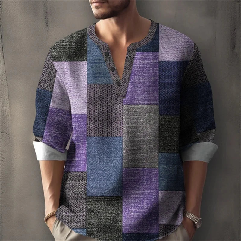 Men's Long-Sleeved Shirt for Summer Vacation, Featuring a Color-Blocked Geometric Print and Henley Collar; Stylish Men's Shirt.
