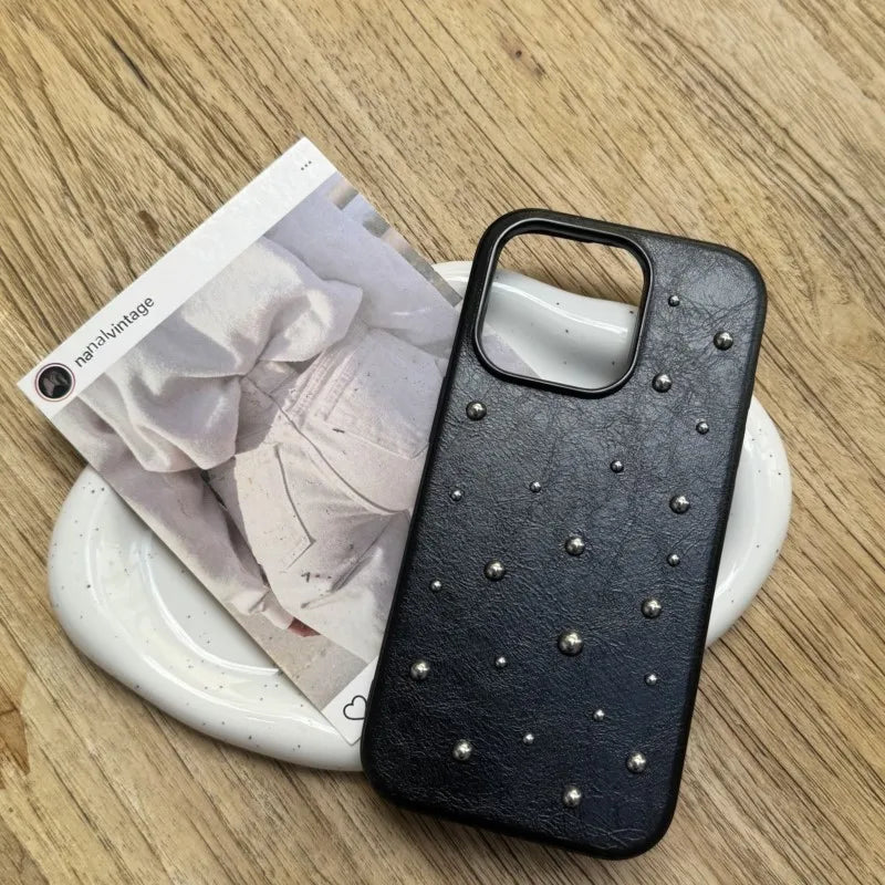 Chic iPhone case 17 16 15 14 Pro Max 17Air Case Fashion Advanced Black Leather Stereoscopic Small Round Bead Rivet Phone Cover