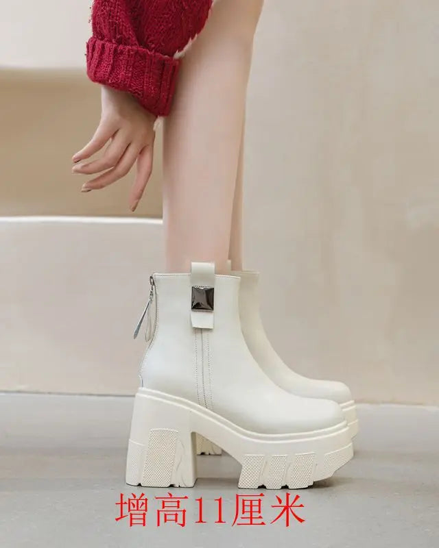 Fujin 11cm New Microfiber Leather Women High Increase Casual Ankle Boots Platform Wedge Pumps Heels White Shoes Winter Shoes