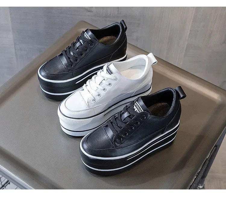 Fashion 10.5cm High Thick Heel Platform Flats Women Casual Shoes Genuine Leather Soft Quality Casual Shoe Sneakers White Black