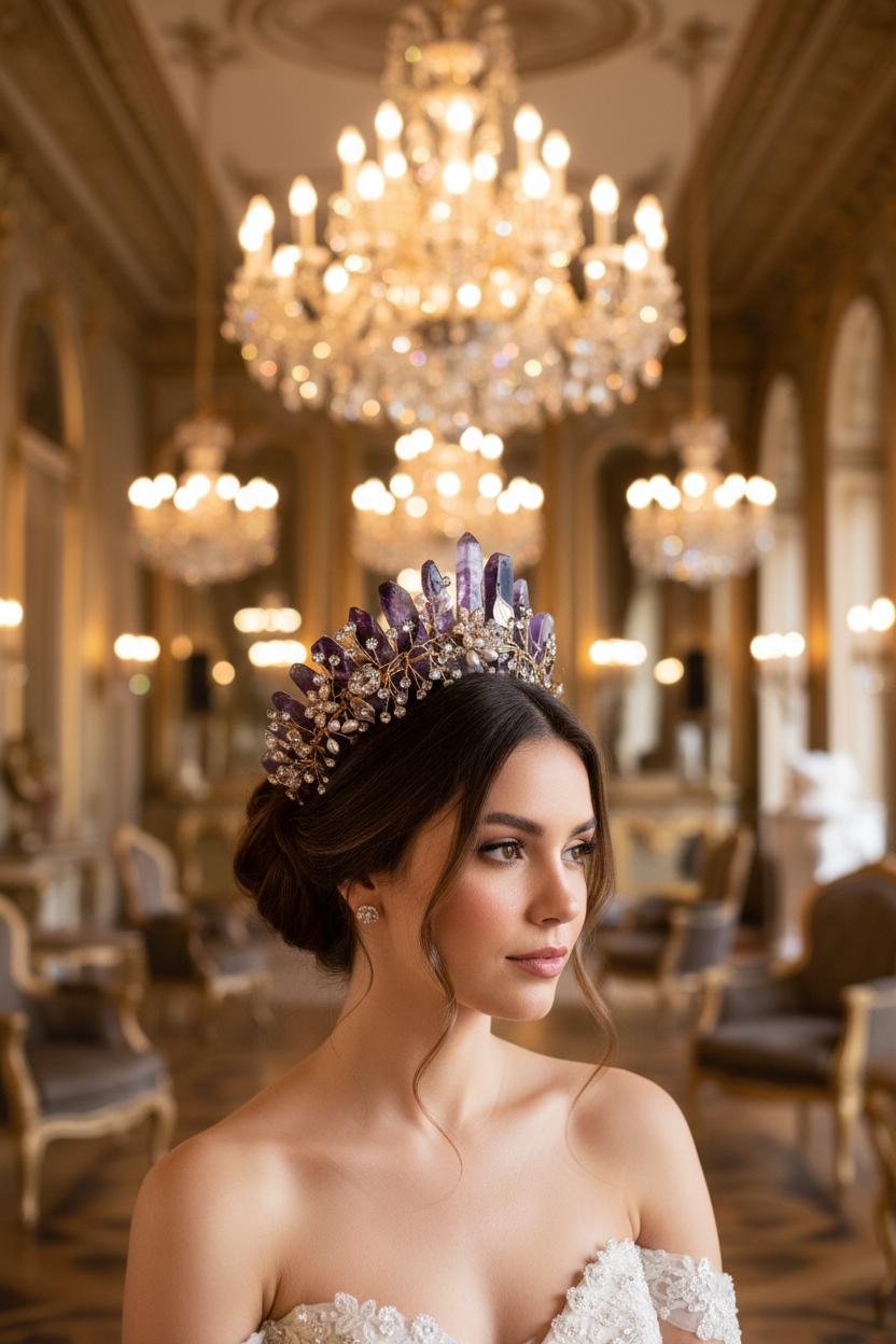 Natural Amethyst Quartz Crown Raw Stone Wand Hairpin with Flower Rhinestone Hand Crafted Women Hair Band for Party Birthday Gift
