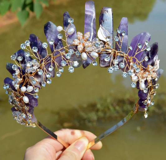 Natural Amethyst Quartz Crown Raw Stone Wand Hairpin with Flower Rhinestone Hand Crafted Women Hair Band for Party Birthday Gift