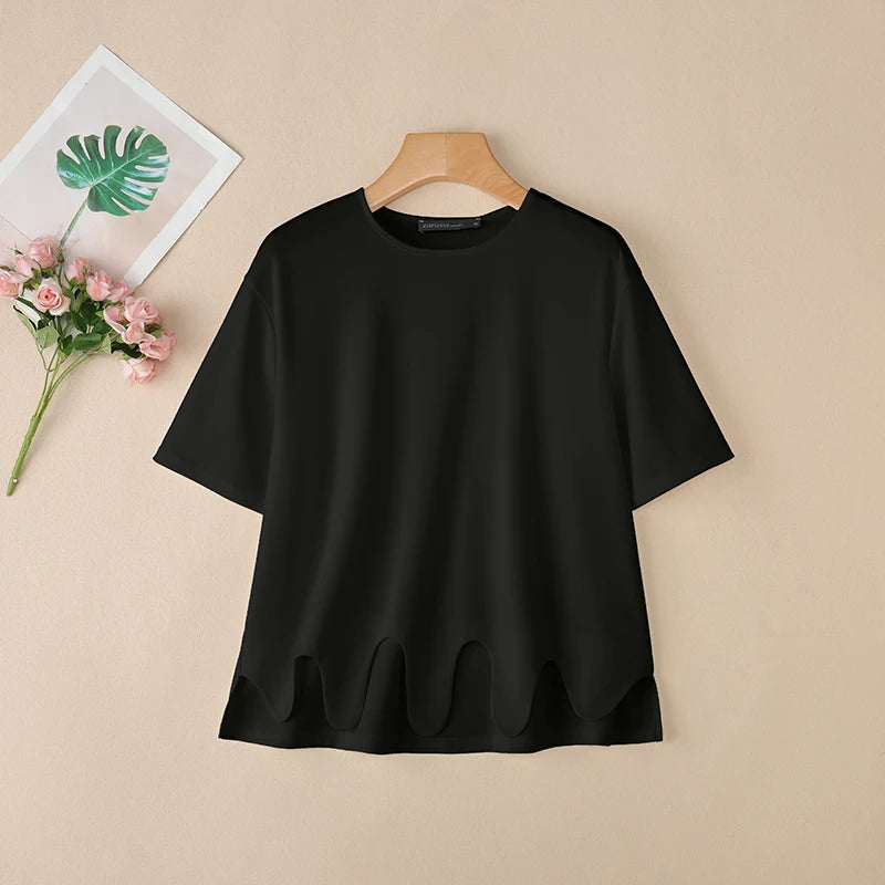 2025 ZANZEA Stylish Summer Blouse Women O Neck Short Sleeve Tops Elegant Solid OL Work Shirt Female Irregular Hem Blusas Mujer