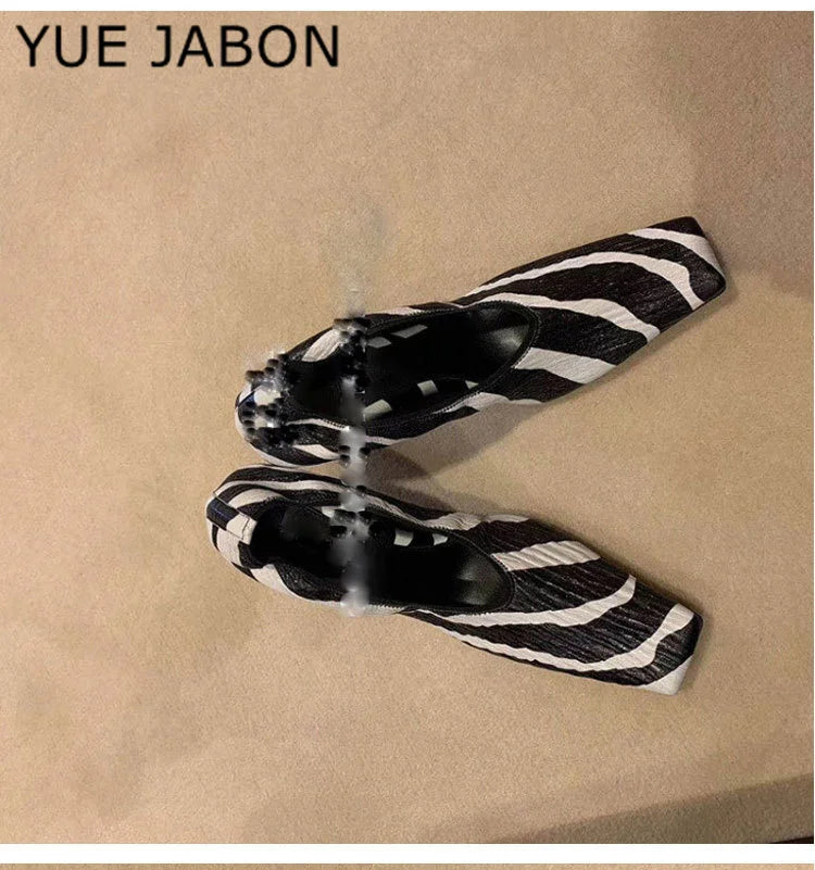 Black Square Head Early Spring New Lady Pumps Zebra-Print Soft Leather Pleated Elastic Witch High Heel Deep Mouth Granny Shoes