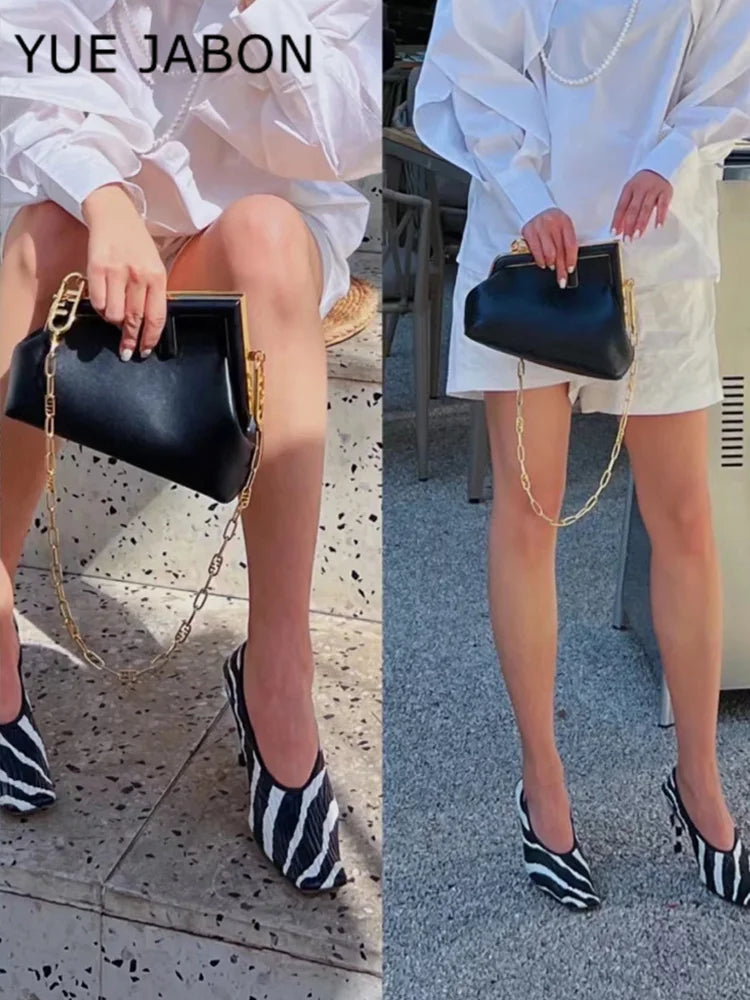 Black Square Head Early Spring New Lady Pumps Zebra-Print Soft Leather Pleated Elastic Witch High Heel Deep Mouth Granny Shoes