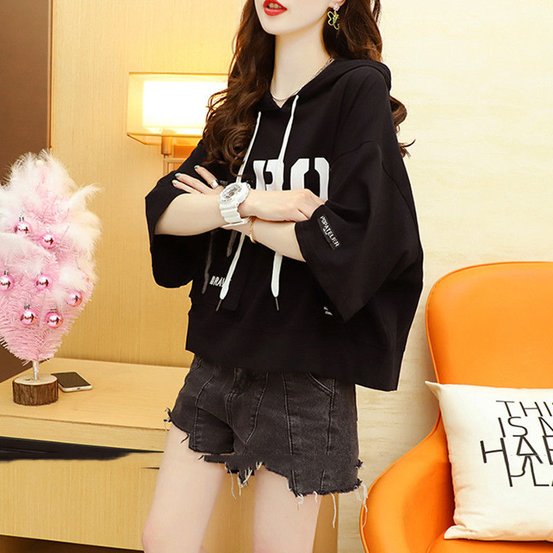 2023 Summer New Letter Printing Hoodies Women Round Neck Short Sleeve Drawstring Short Pullovers Ladies Korean Style Casual Top