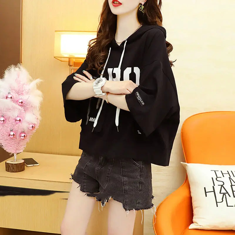 2023 Summer New Letter Printing Hoodies Women Round Neck Short Sleeve Drawstring Short Pullovers Ladies Korean Style Casual Top