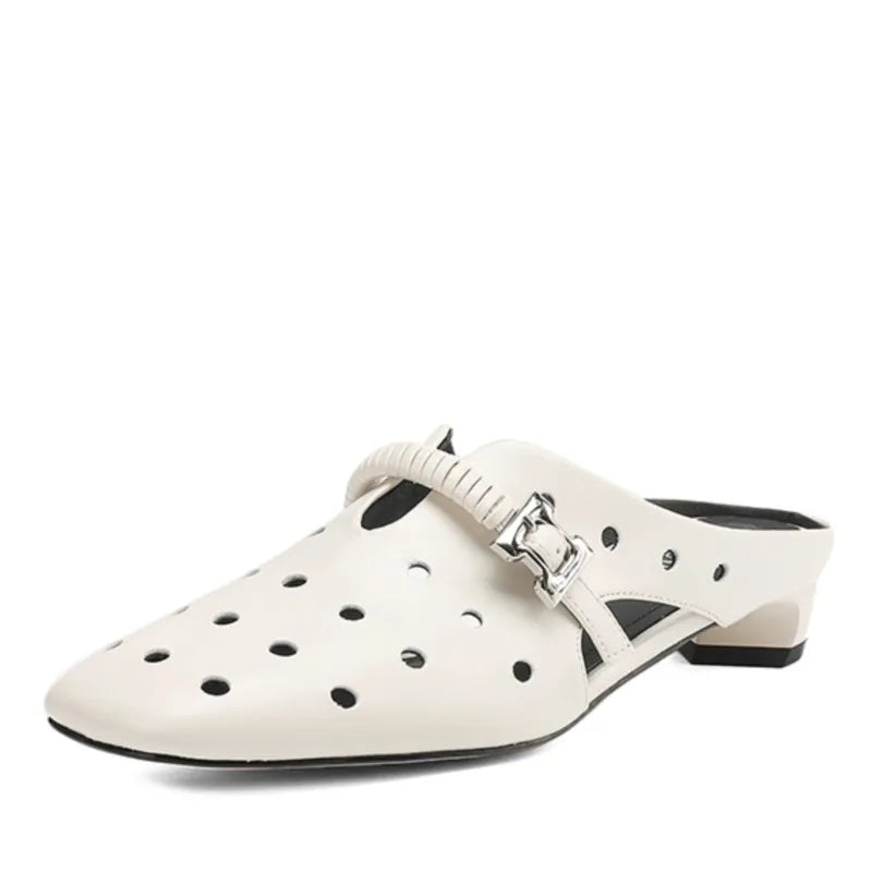 Genuine Leather Hollow Slippers Women Covered Toe Thick Heels Dating Buckle Mules Ladies Summer Leisure Slippers