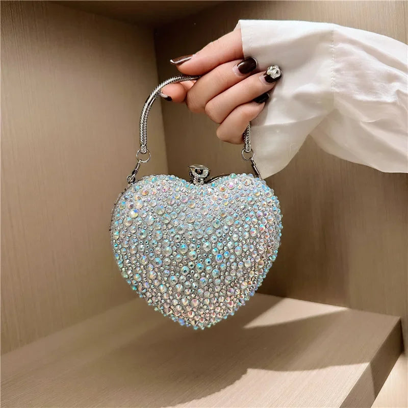 Luxury Diamond Inlay Heart Shape Crystal Clutch Purse Stones Evening Wedding Party Shoulder Bags Handle Rhinestone Mini Handbags