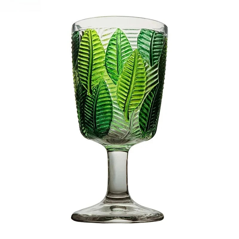 Relief Leaf Glass Cup Red Wine Glass Juice Cup Cocktail Glasses 295ml Hand Painted High Footed Cup Household Glass Wine Set