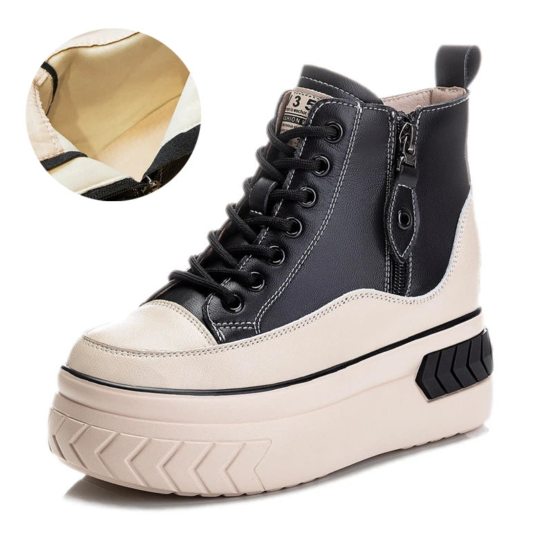 High Top Women Shoes Genuine Leather 8cm Platform Boots Ankle Wedge Hidden Heel Zip Autumn Warm Fur Winter Shoes Sneakers