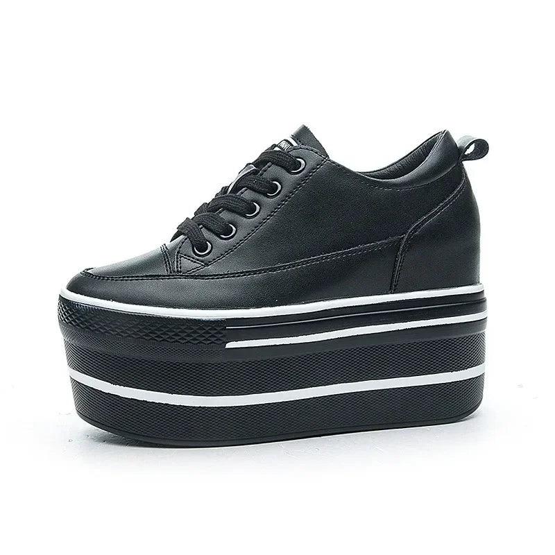 Fashion 10.5cm High Thick Heel Platform Flats Women Casual Shoes Genuine Leather Soft Quality Casual Shoe Sneakers White Black