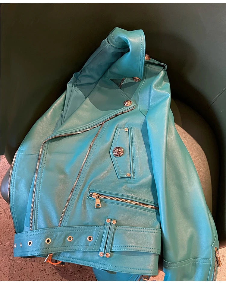 Lautaro Spring Autumn Cool Bright Green Pu Leather Biker Jacket Women Zipper Long Sleeve Luxury Designer Streetwear Fashion 2022