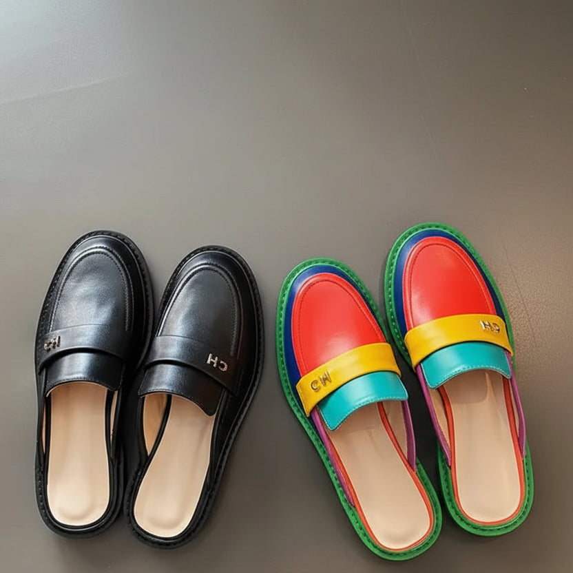 Spring Summer 2026 New Genuine Leather Slippers Women Mixed Color Covered Toe Fashion Mules Ladies Low Heels Slippers