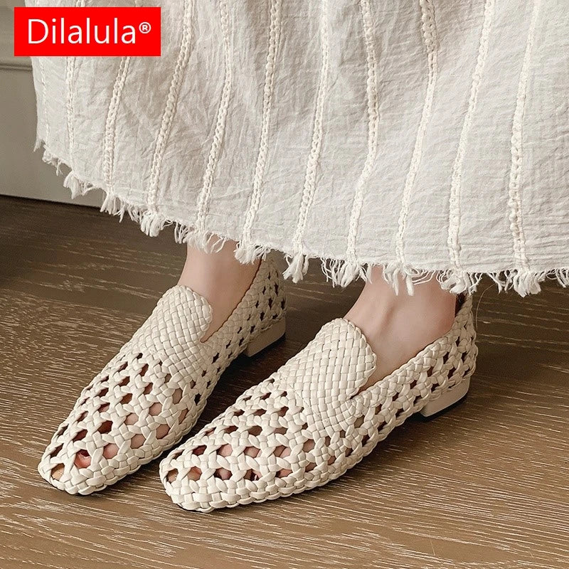 Hot Sale Genuine Leather Braided Sandals Women Low Heel Breathable Summer Loafers Sandals Female Leisure Sandals