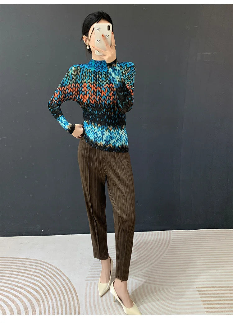 Miyake Pleated 2026 Spring and Summer New Fashion Tops Women's Long-sleeved Half-high Collar Printed T-shirt Bottoming Shirt