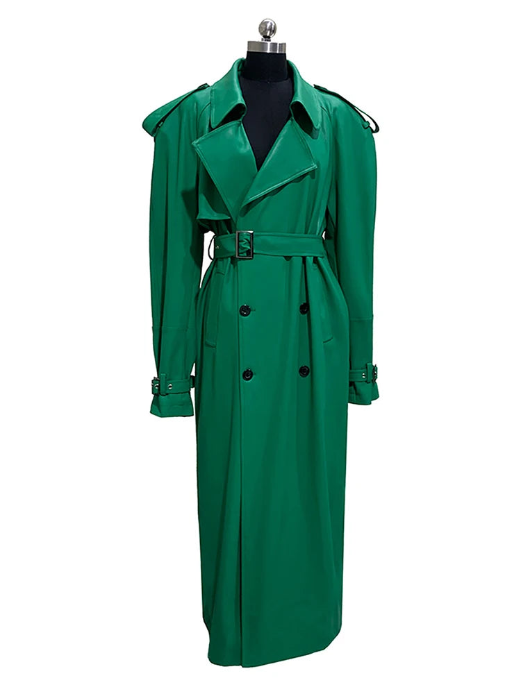 Nerazzurri Autumn Extra Long Soft Green Oversized Pu Leather Trench Coat for Women Shoulder Pads Belt Double Breasted Overcoat