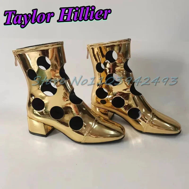 Silver Hollow Heeled Sandals Round Toe Heels Women Designer Luxury Shoes Spring Summer Hole Boots Ankle Short Boots Size Zipper