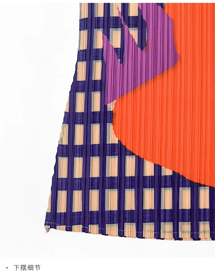 Miyake Pleated Sleeveless Vest Women's Spring and Summer New Contrast Color Geometric Print Loose Casual Fashion Round Neck Top
