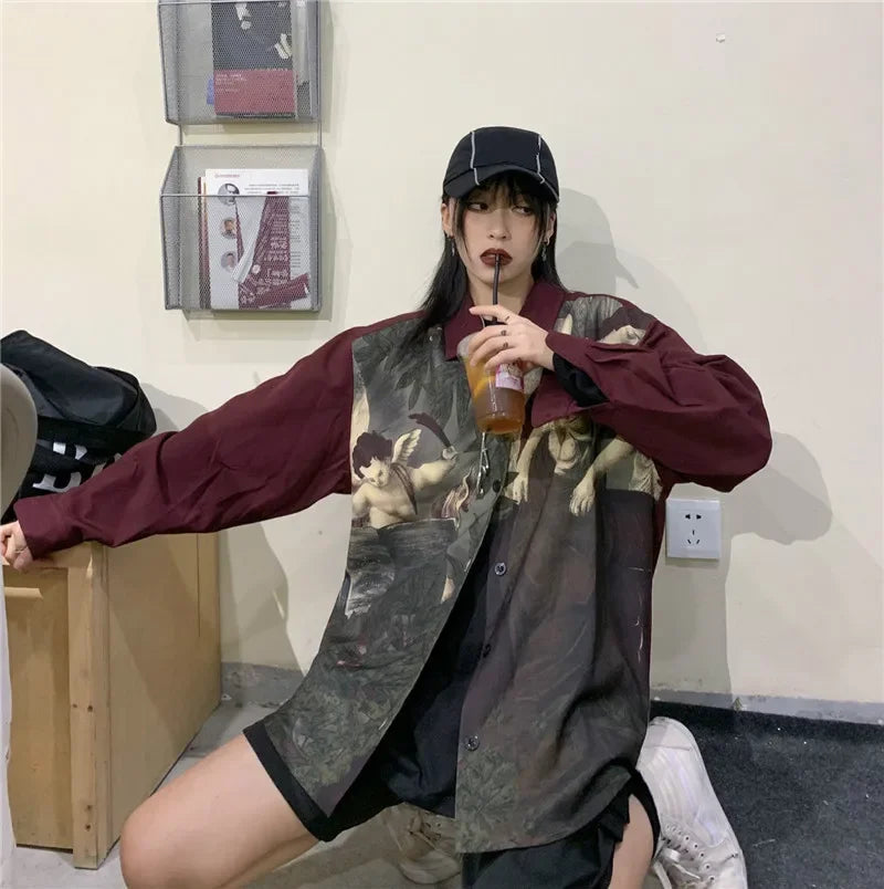 Vintage Blouse Shirt Japanese Clothes Oversized Blusas Fashion Print Women Blouses Long Sleeve Oversized Tops Men Clothes Blusas