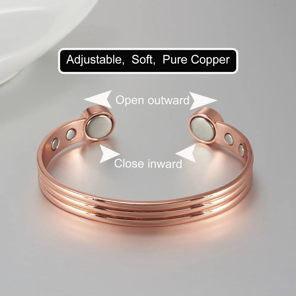 Pure Copper Bracelets for Men Women Adjustable Cuff Stripe Magnetic Bangles Arthritis Health High Magnet Metal Jewelry Resizable