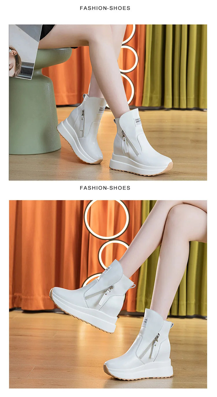 9cm White Black Women Ankle Boots Platform Wedge Heel Booties Shoes Microfiber Leather Spring Winter Fashion Sneakers High Top